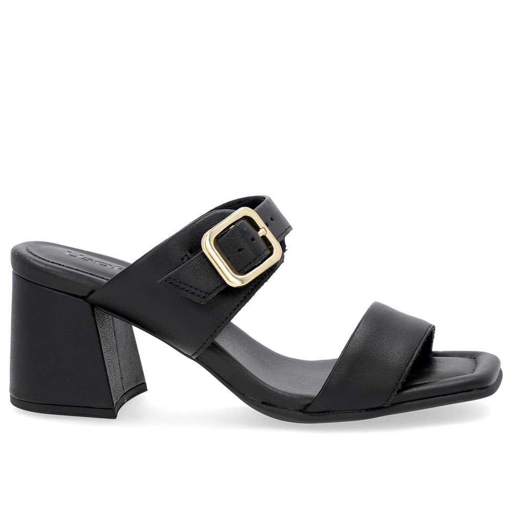 Tamanco Salto Bloco Couro Preto Bico Quadrado Fivela