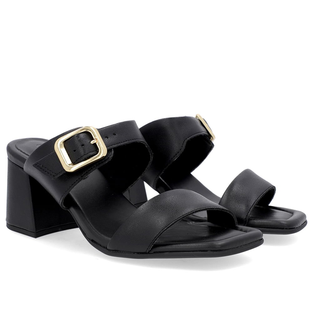 Tamanco Salto Bloco Couro Preto Bico Quadrado Fivela Preto 2