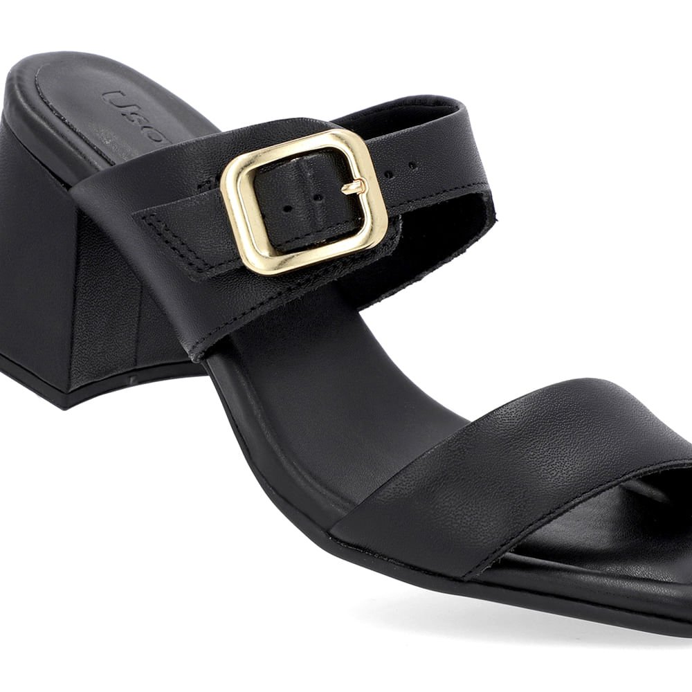 Tamanco Salto Bloco Couro Preto Bico Quadrado Fivela Preto 4