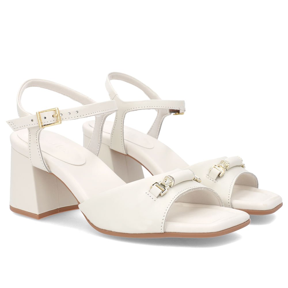 Sandália Salto Bloco Off-White Couro Bico Quadrado Enfeite Branco 2
