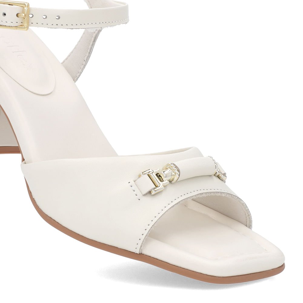 Sandália Salto Bloco Off-White Couro Bico Quadrado Enfeite Branco 4
