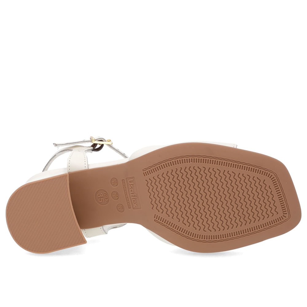 Sandália Salto Bloco Off-White Couro Bico Quadrado Enfeite Branco 5
