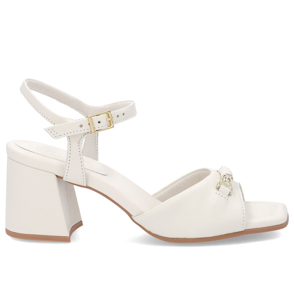 Sandália Salto Bloco Off-White Couro Bico Quadrado Enfeite Branco 1