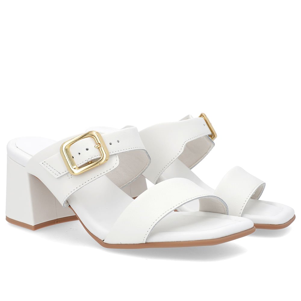 Tamanco Salto Bloco Couro Branco Bico Quadrado Fivela Branco 2