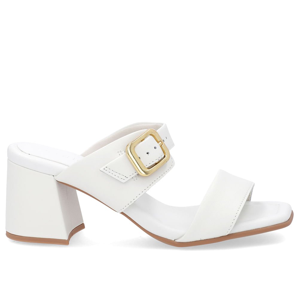 Tamanco Salto Bloco Couro Branco Bico Quadrado Fivela Branco 1