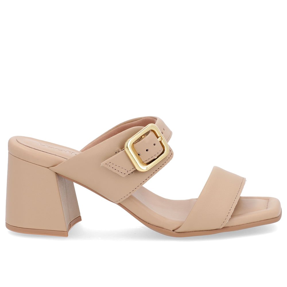 Tamanco Salto Bloco Couro Bege Bico Quadrado Fivela