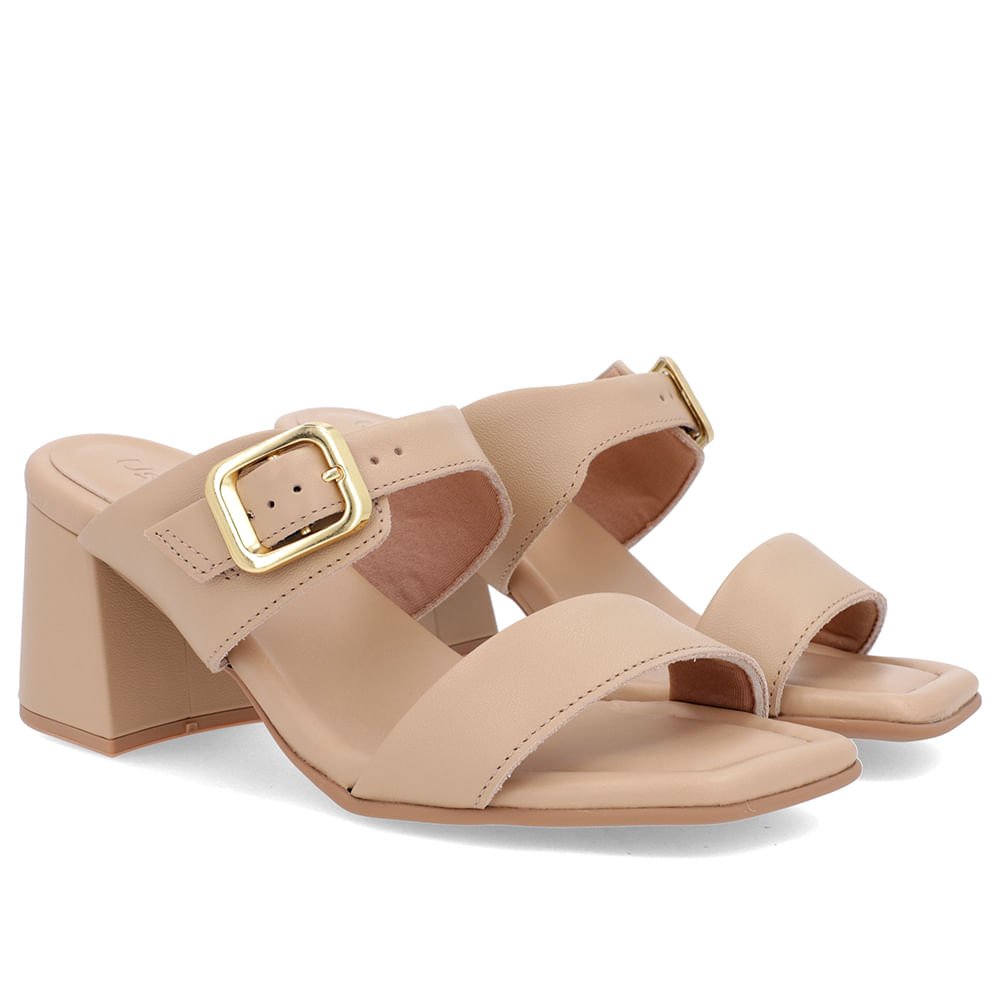 Tamanco Salto Bloco Couro Bege Bico Quadrado Fivela Bege 2