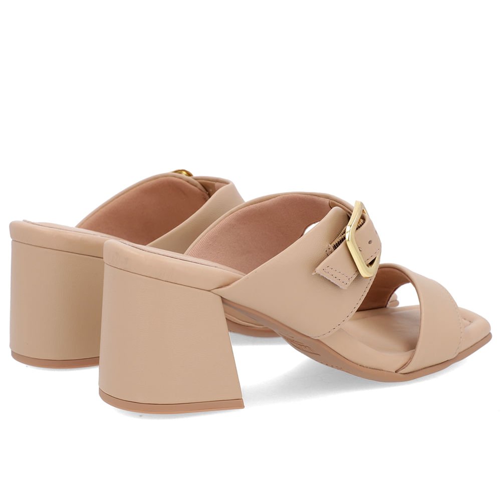 Tamanco Salto Bloco Couro Bege Bico Quadrado Fivela Bege 3