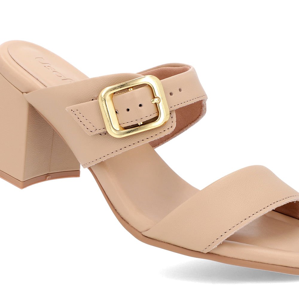 Tamanco Salto Bloco Couro Bege Bico Quadrado Fivela Bege 4
