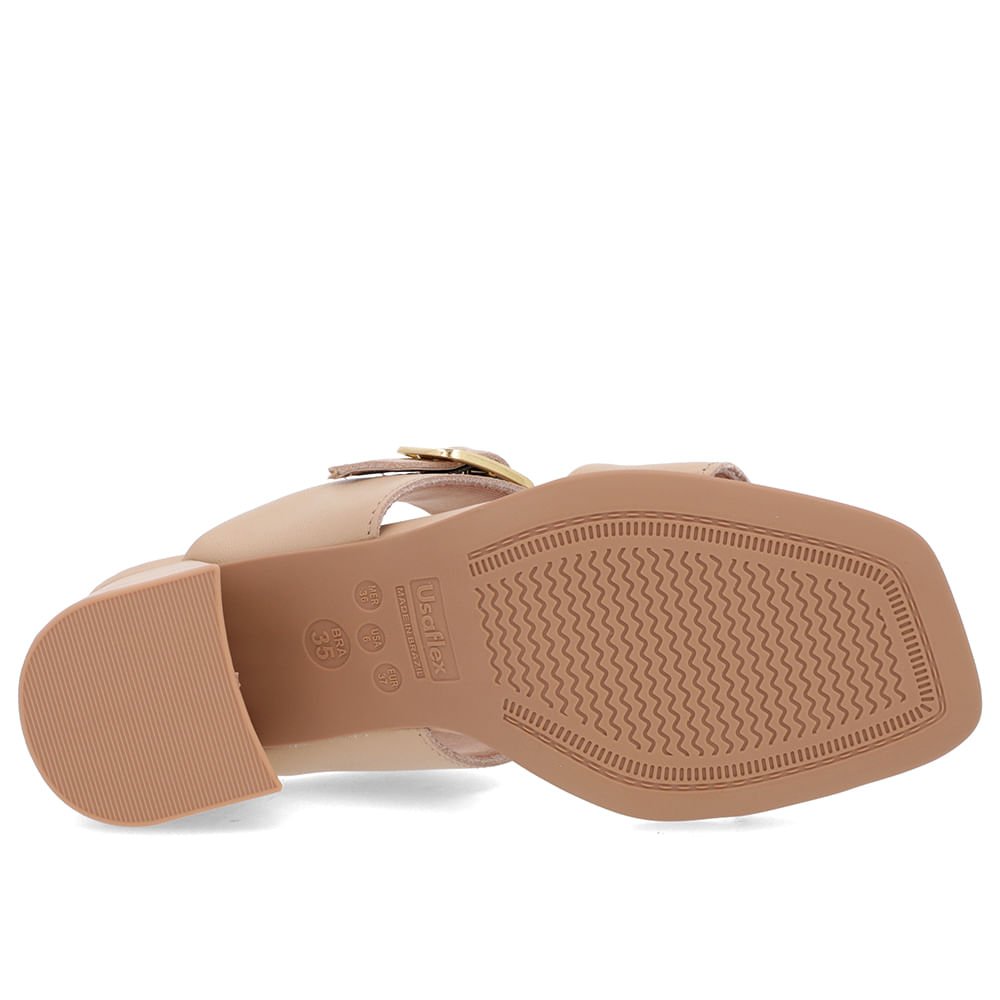 Tamanco Salto Bloco Couro Bege Bico Quadrado Fivela Bege 5