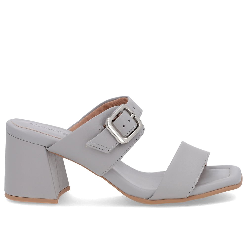 Tamanco Salto Bloco Couro Cinza Bico Quadrado Fivela