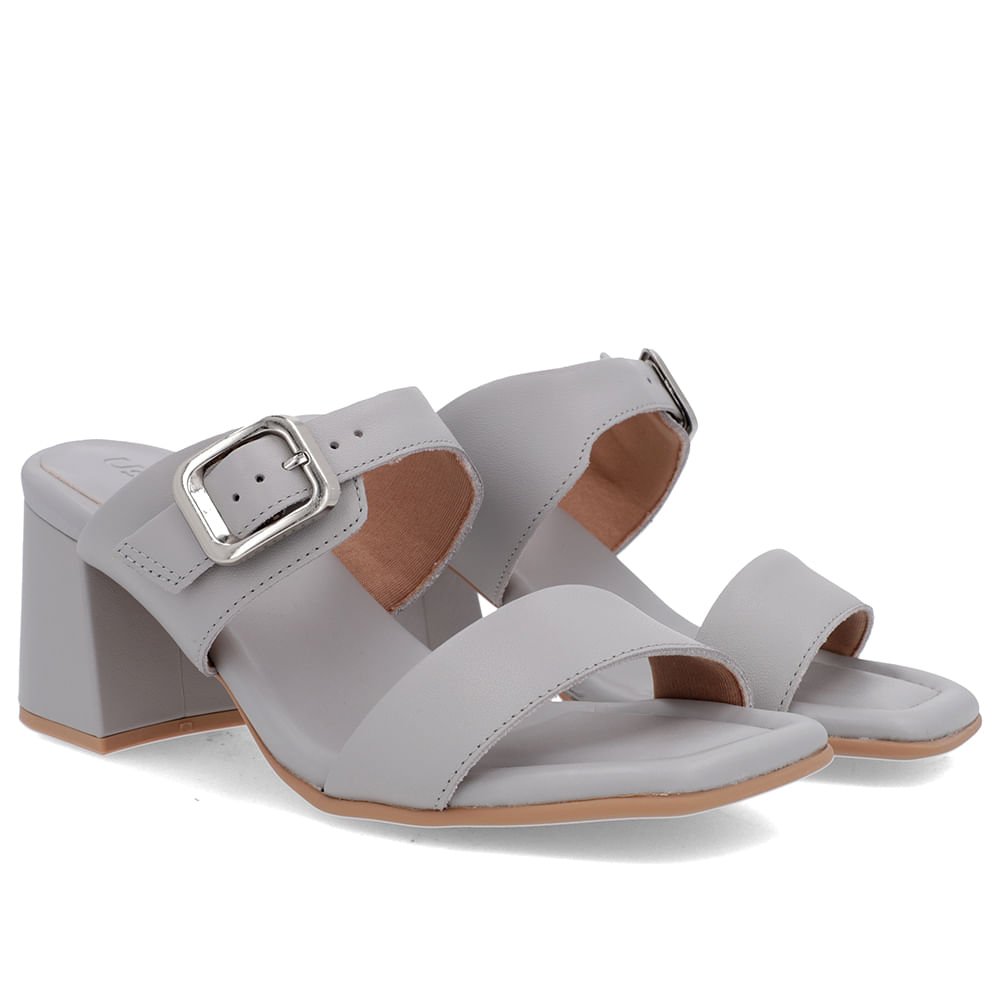 Tamanco Salto Bloco Couro Cinza Bico Quadrado Fivela Cinza 2