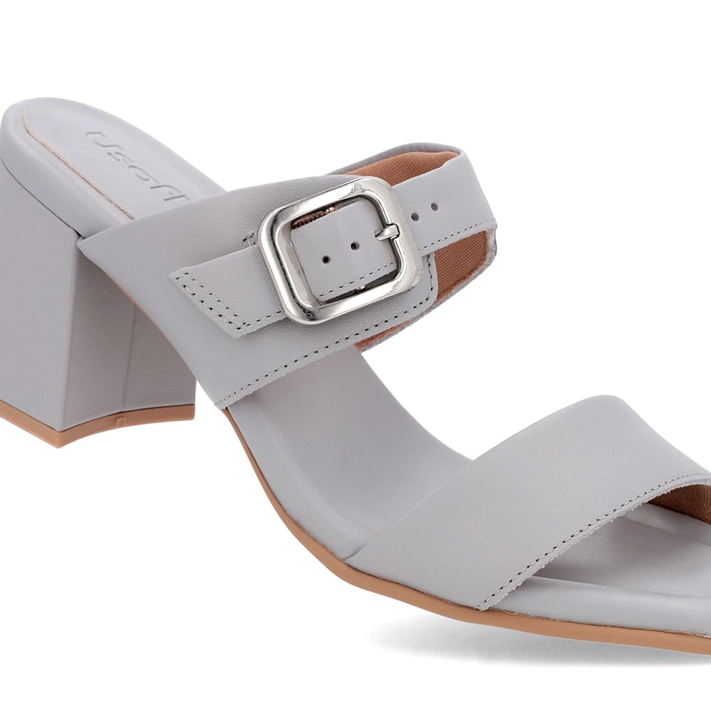 Tamanco Salto Bloco Couro Cinza Bico Quadrado Fivela Cinza 4