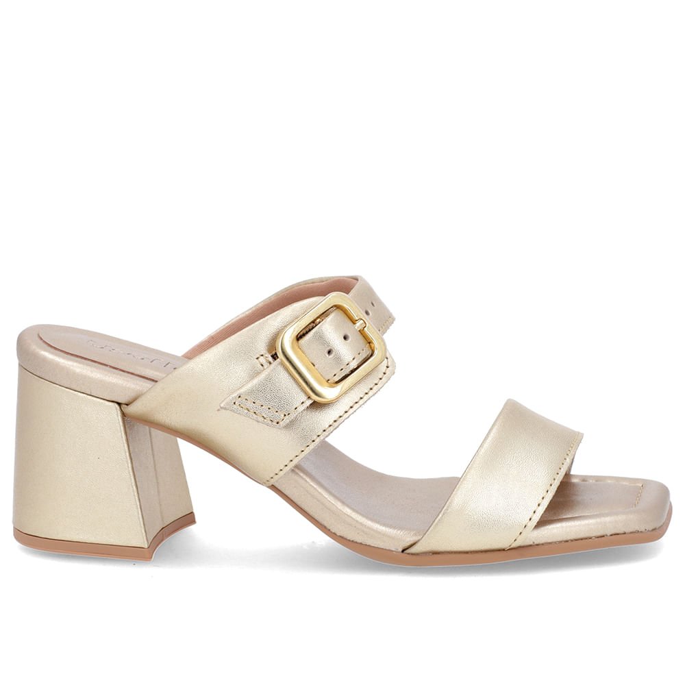 Tamanco Salto Bloco Couro Metalizado Ouro Bico Quadrado Fivela Dourado 1