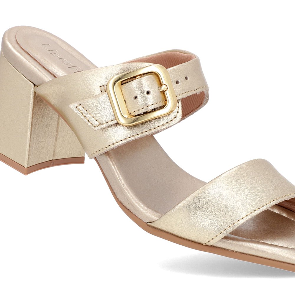 Tamanco Salto Bloco Couro Metalizado Ouro Bico Quadrado Fivela Dourado 4