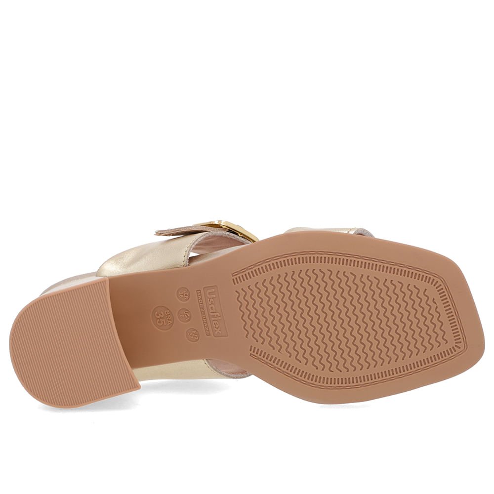 Tamanco Salto Bloco Couro Metalizado Ouro Bico Quadrado Fivela Dourado 5
