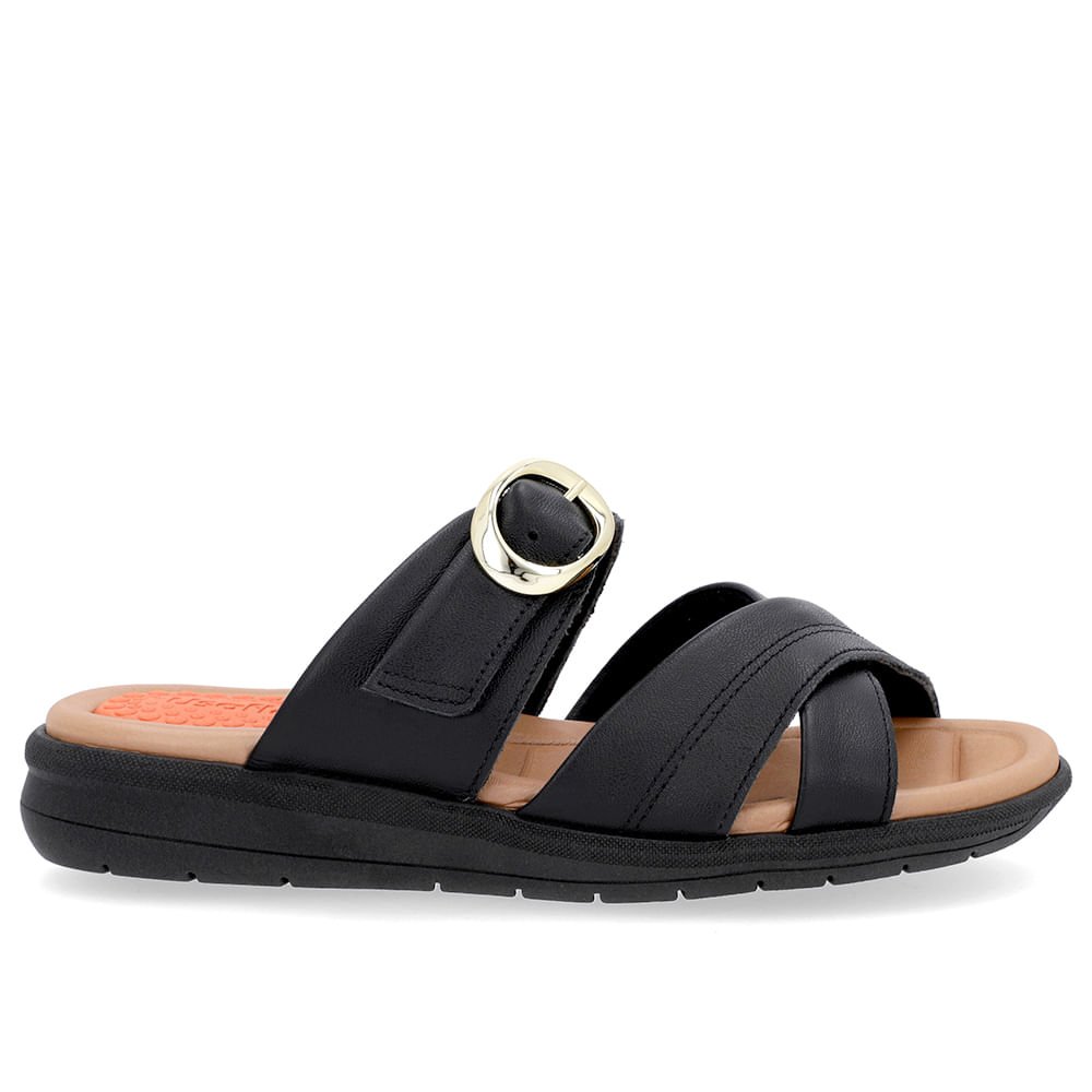 Slide Preto Plataforma Couro Detalhe Fivela