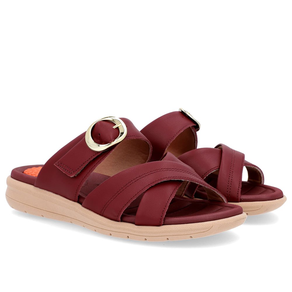 Slide Vermelho Plataforma Couro Detalhe Fivela Bordô 2