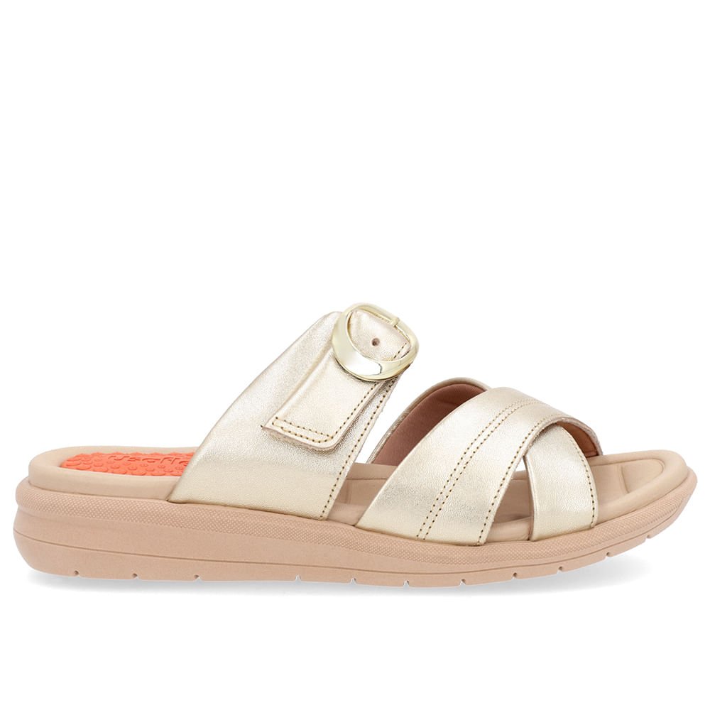 Slide Ouro Plataforma Couro Detalhe Fivela