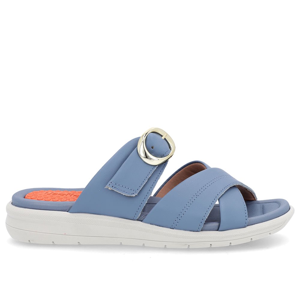 Slide Azul Plataforma Couro Detalhe Fivela