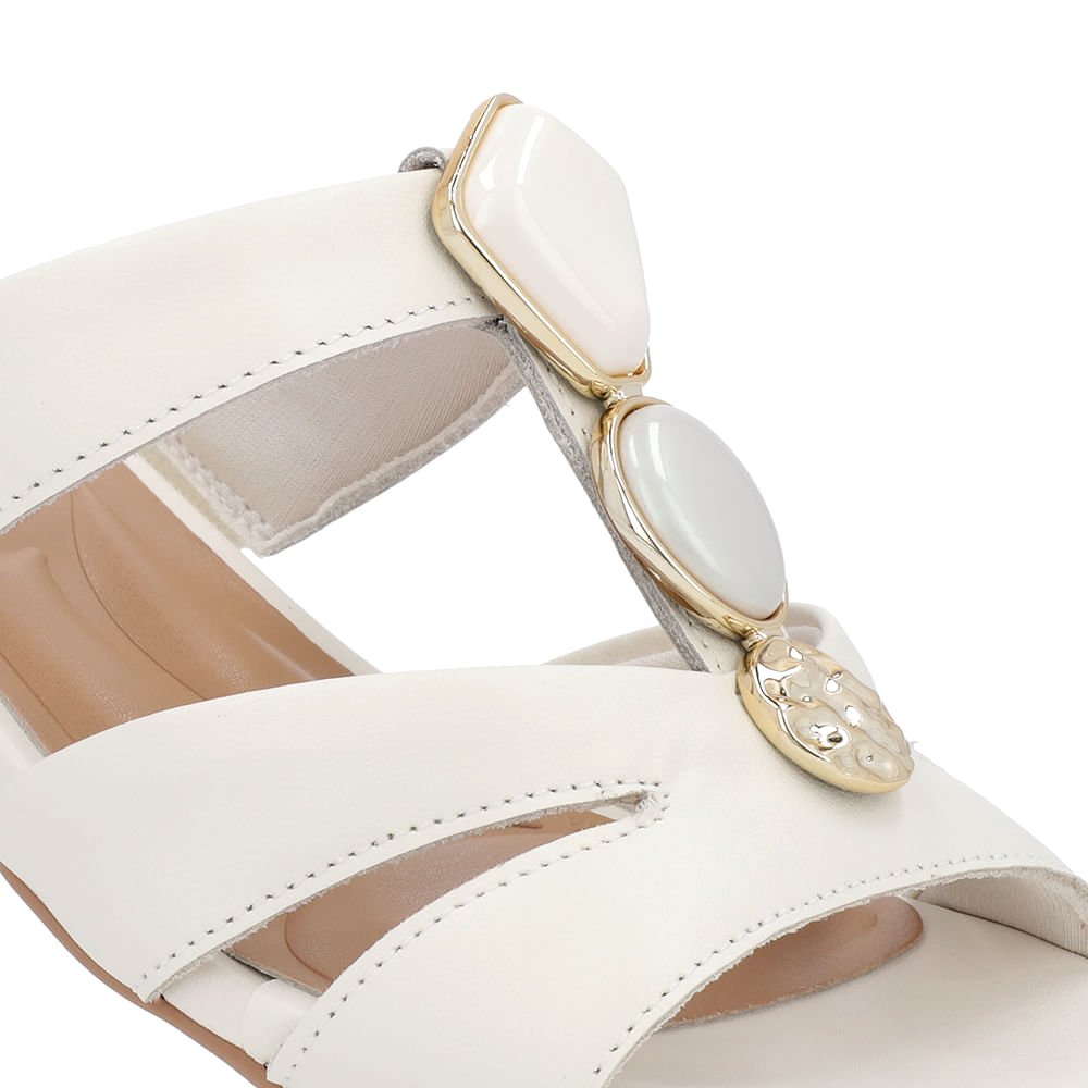 Tamanco Salto Bloco Couro Off-White Enfeite Branco 4