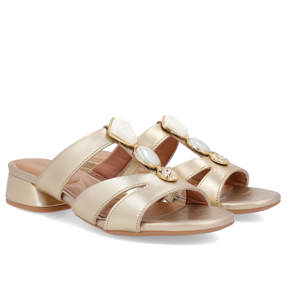 Tamanco Salto Bloco Couro Ouro Enfeite Dourado 2