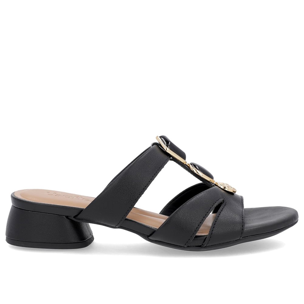 Tamanco Salto Bloco Couro Preto Enfeite