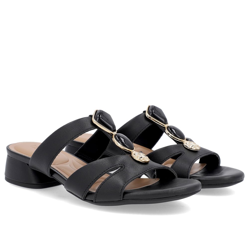 Tamanco Salto Bloco Couro Preto Enfeite Preto 2