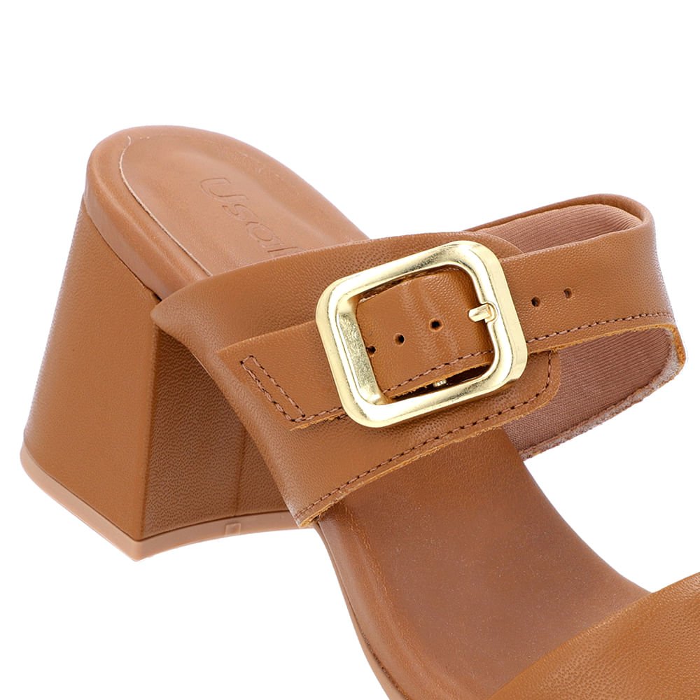 Tamanco Salto Bloco Couro Marrom Bico Quadrado Fivela Marrom 2