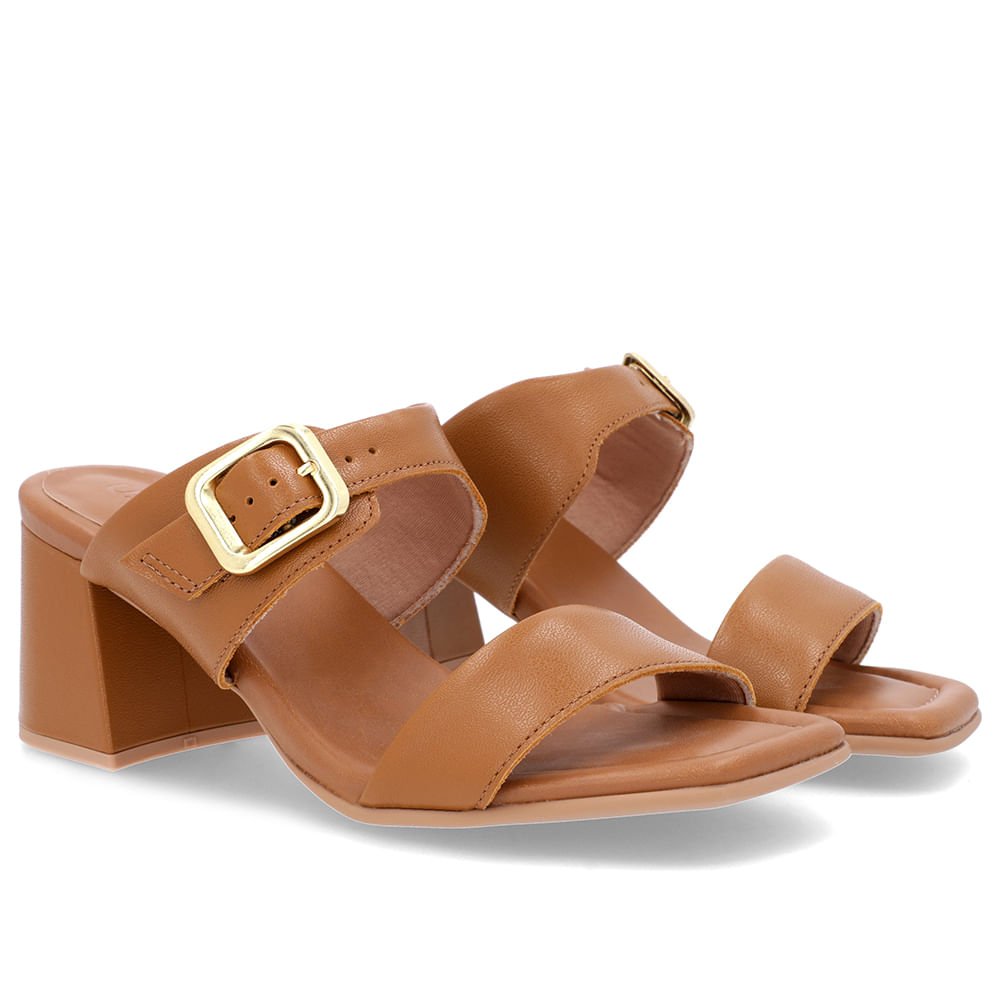 Tamanco Salto Bloco Couro Marrom Bico Quadrado Fivela Marrom 3