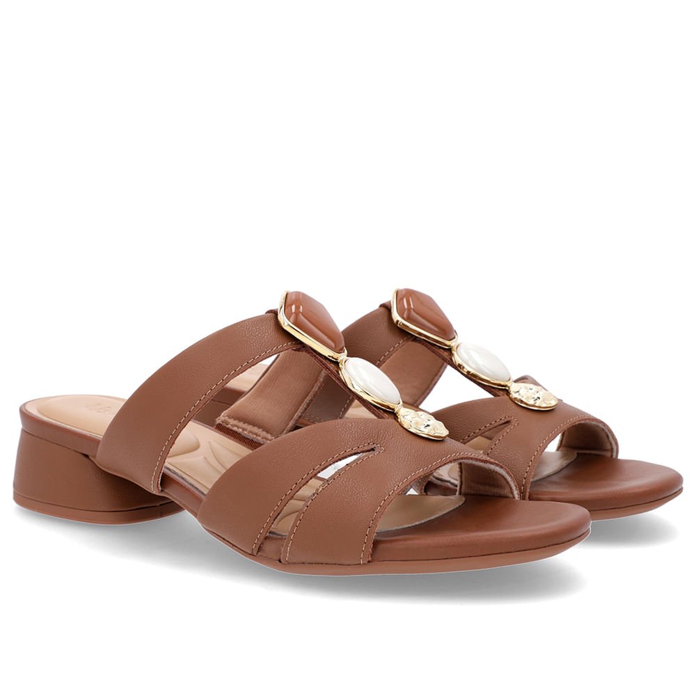 Tamanco Salto Bloco Couro Marrom Enfeite Marrom 2