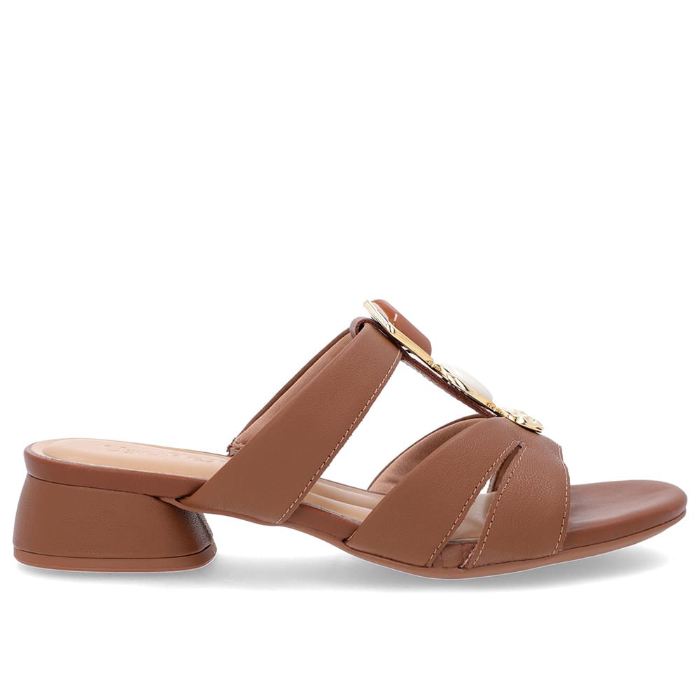 Tamanco Salto Bloco Couro Marrom Enfeite