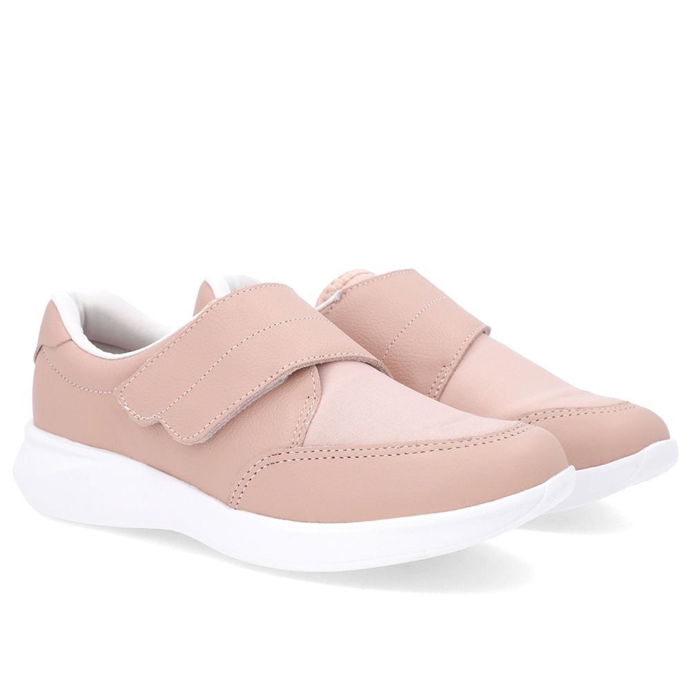 Tênis Casual Rosa Couro Detalhe Elastano Bege 2