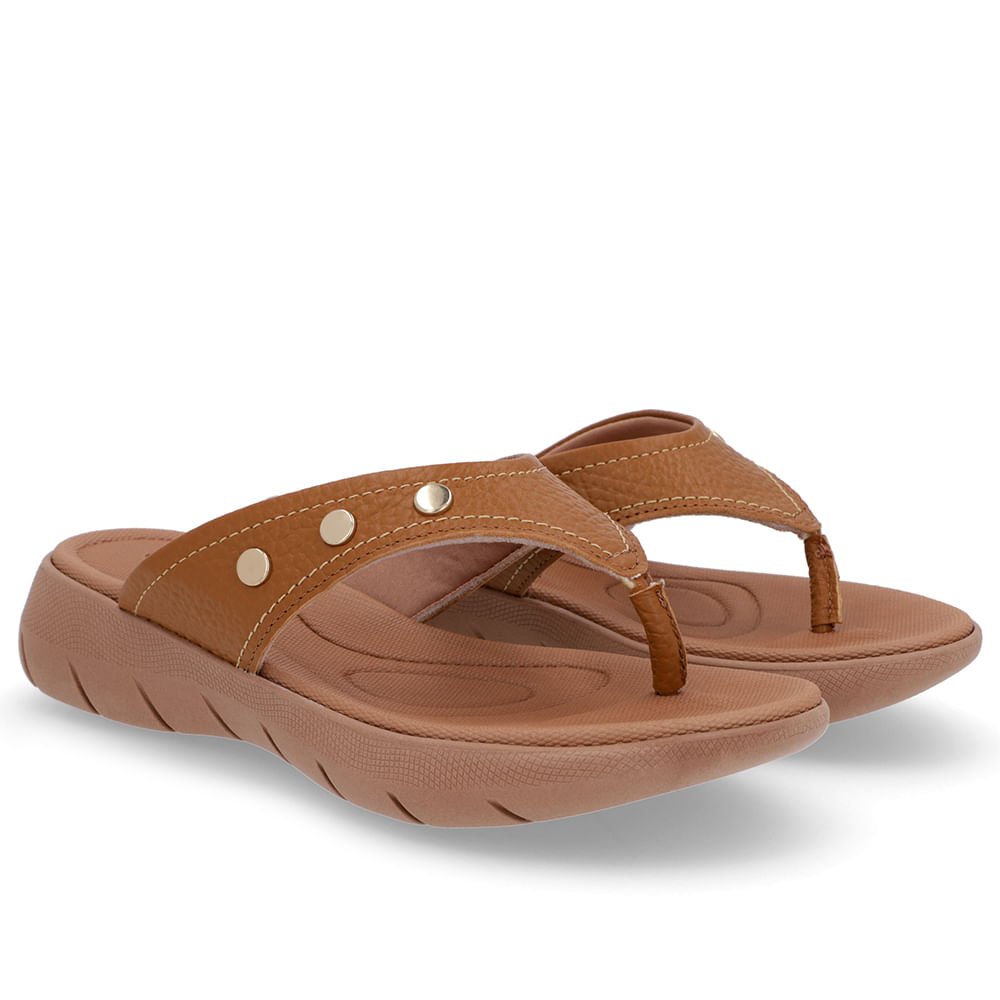 Chinelo Baixo Couro Marom Enfeite Rebite Marrom 2
