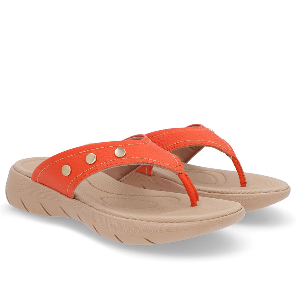 Chinelo Baixo Couro Laranja Enfeite Rebite Laranja 2