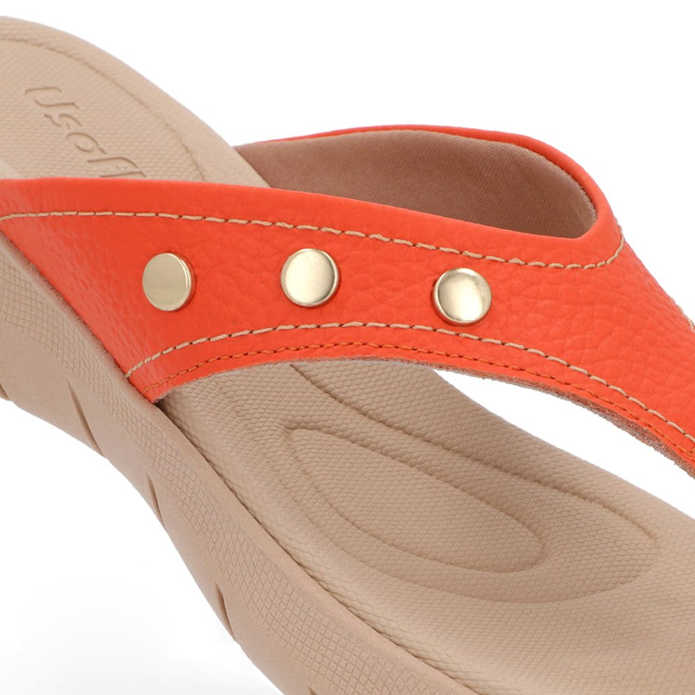 Chinelo Baixo Couro Laranja Enfeite Rebite Laranja 4