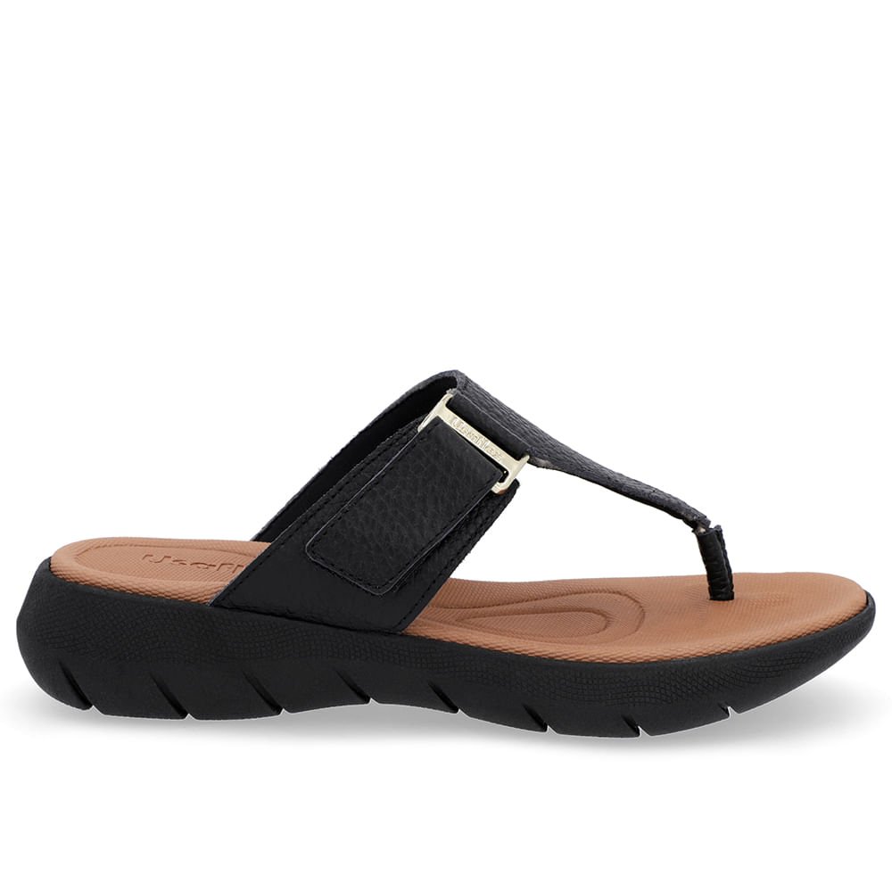 Chinelo Baixo Couro Preto Ajuste Fecho-Flex
