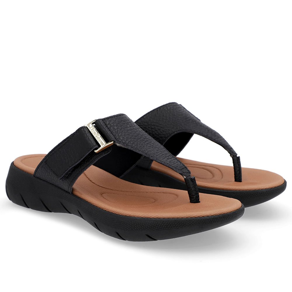 Chinelo Baixo Couro Preto Ajuste Fecho-Flex Preto 2