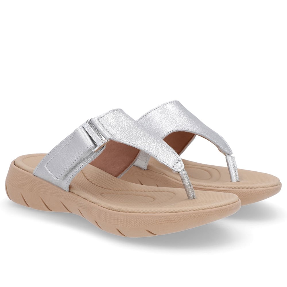 Chinelo Baixo Couro Prata Ajuste Fecho-Flex Prata 2