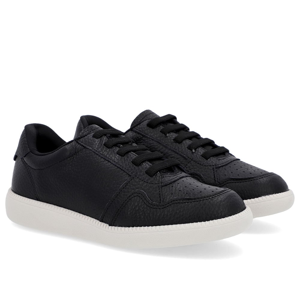 Tênis Casual Preto Couro Cadarço Elástico Preto 2