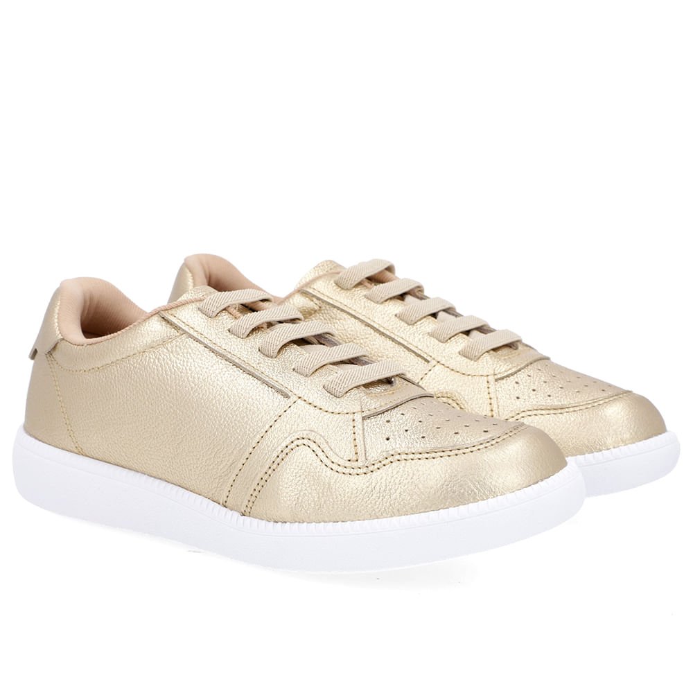 Tênis Casual Dourado Couro Cadarço Elástico Dourado 2