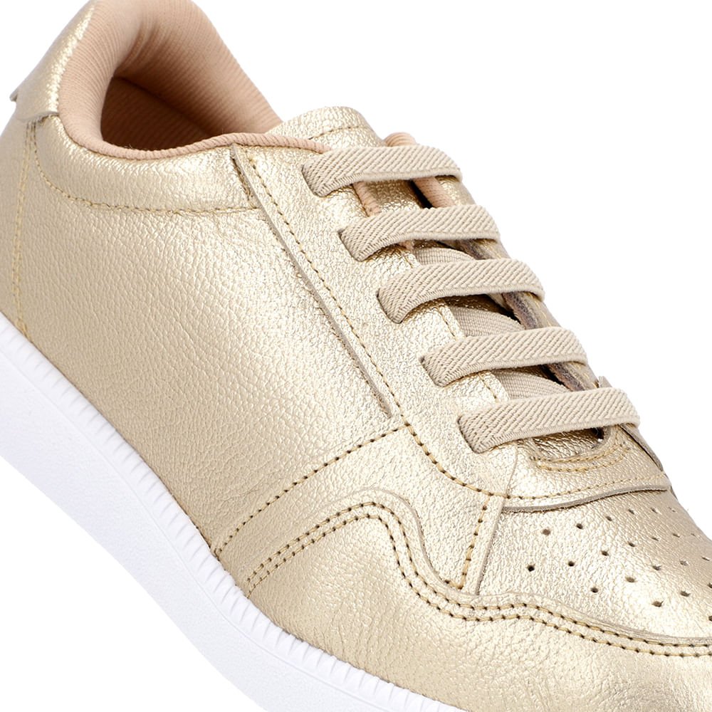Tênis Casual Dourado Couro Cadarço Elástico Dourado 4