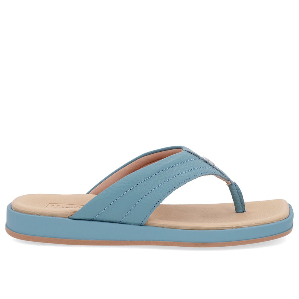Chinelo Baixo Couro Azul Costura Enfeite