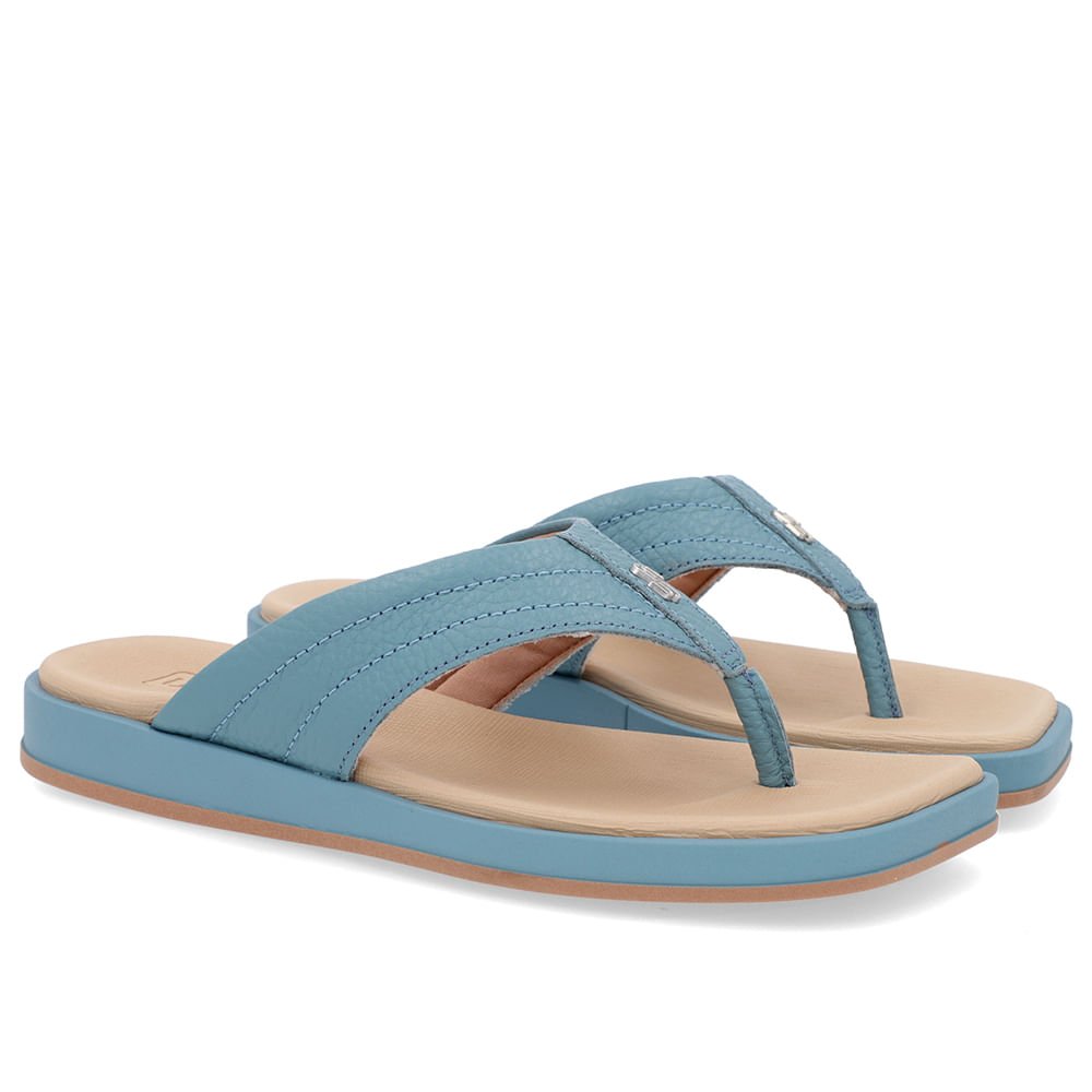 Chinelo Baixo Couro Azul Costura Enfeite Azul 2