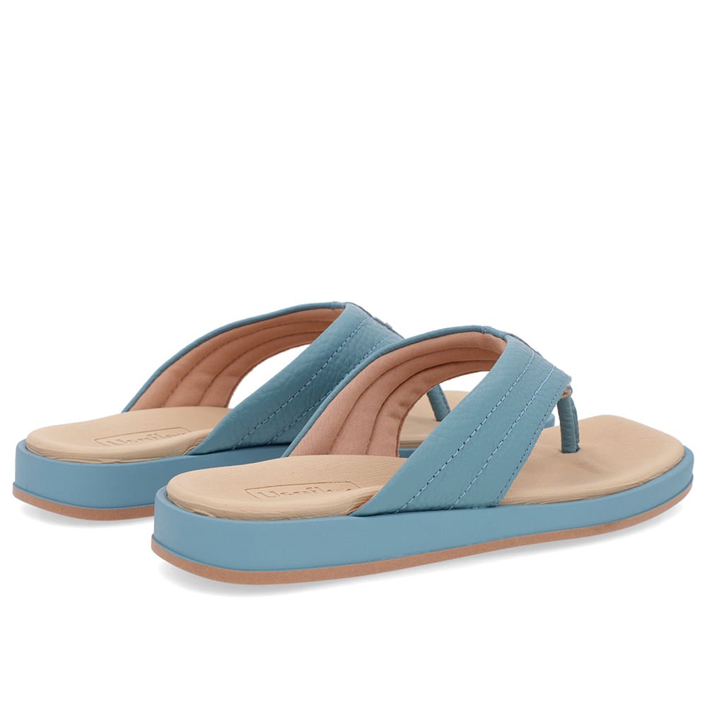 Chinelo Baixo Couro Azul Costura Enfeite Azul 3