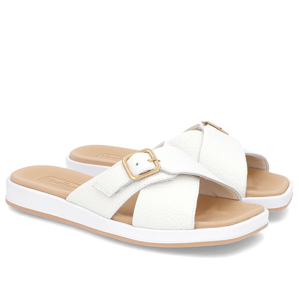 Slide Branco Salto Baixo Couro Enfeite Branco 2