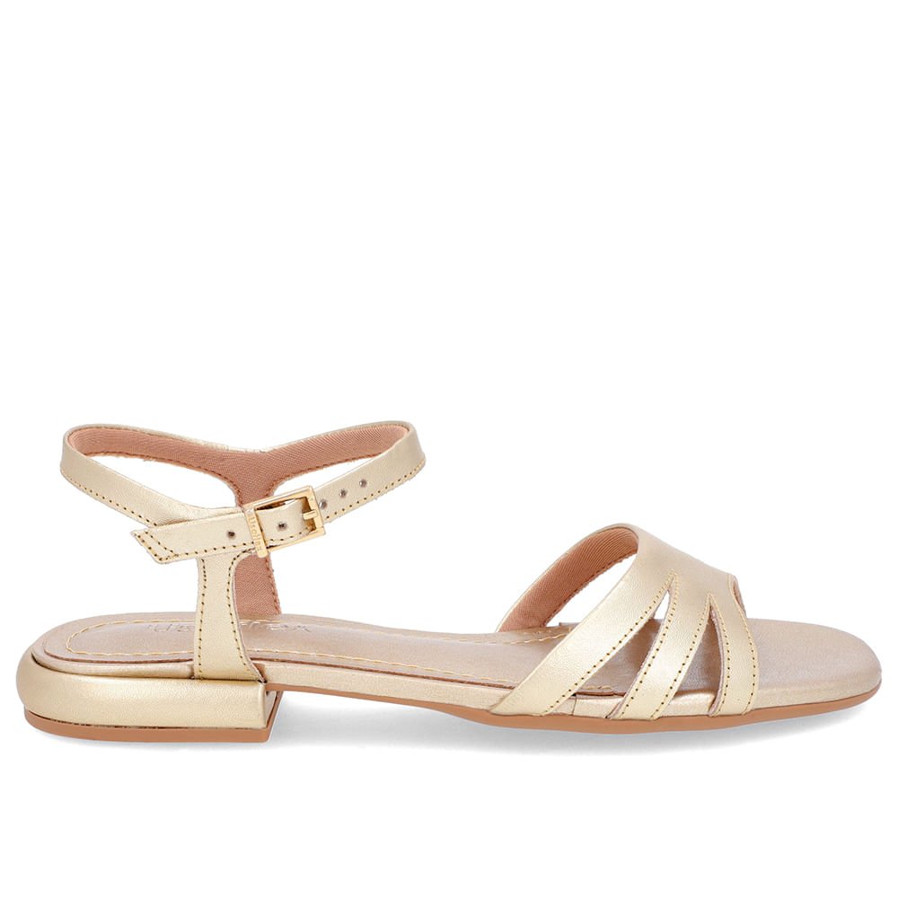 Sandália Salto Baixo Bloco Couro Dourada