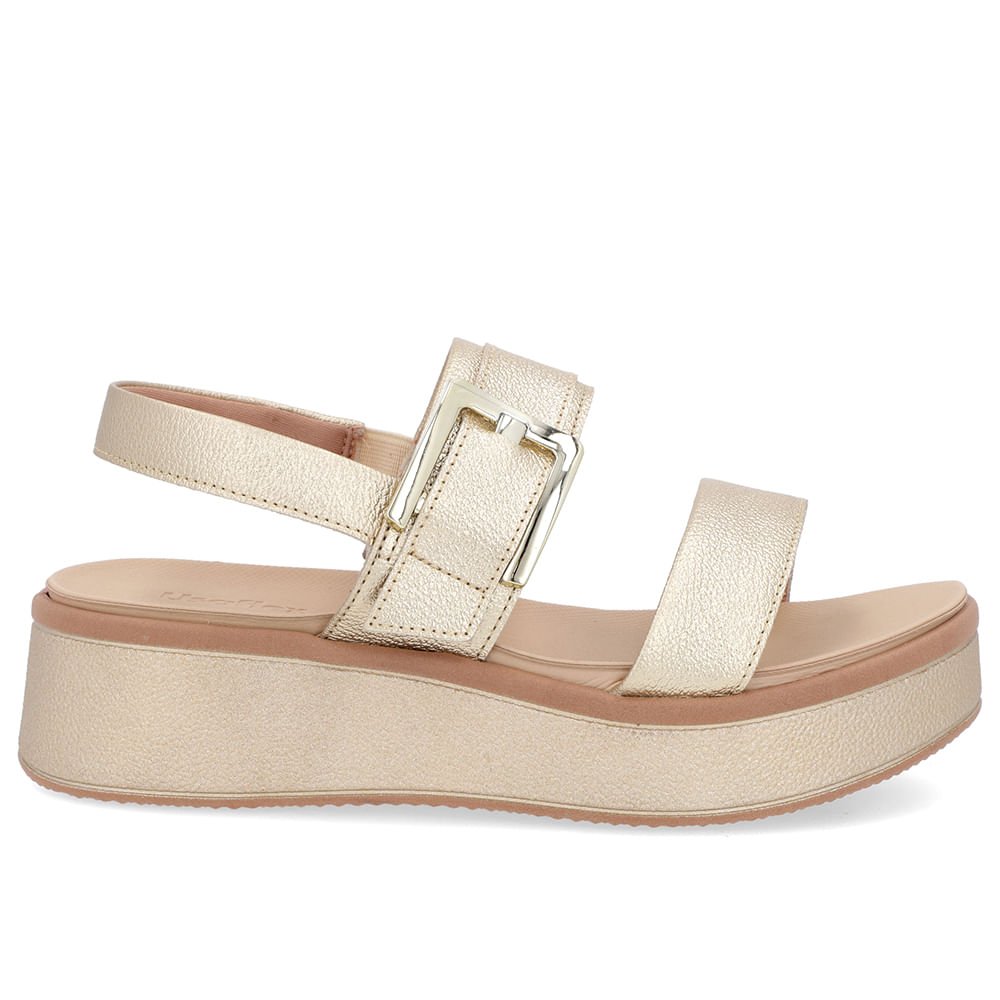 Sandália Salto Plataforma Couro Dourado Fivela