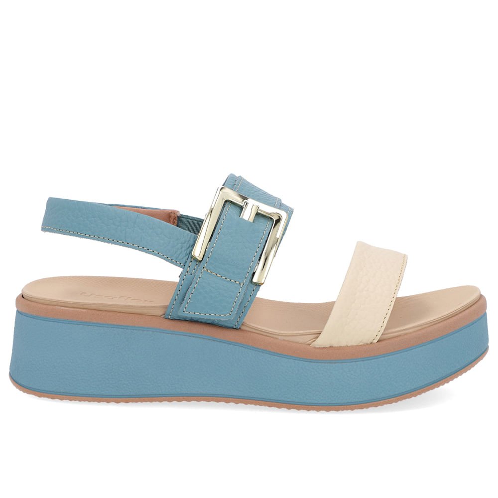 Sandália Salto Plataforma Couro Azul Fivela
