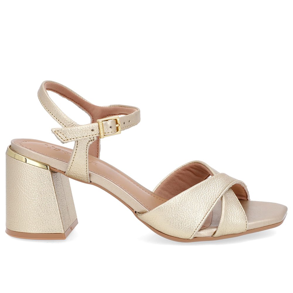 Sandália Salto Bloco Couro Dourada Detalhe Salto